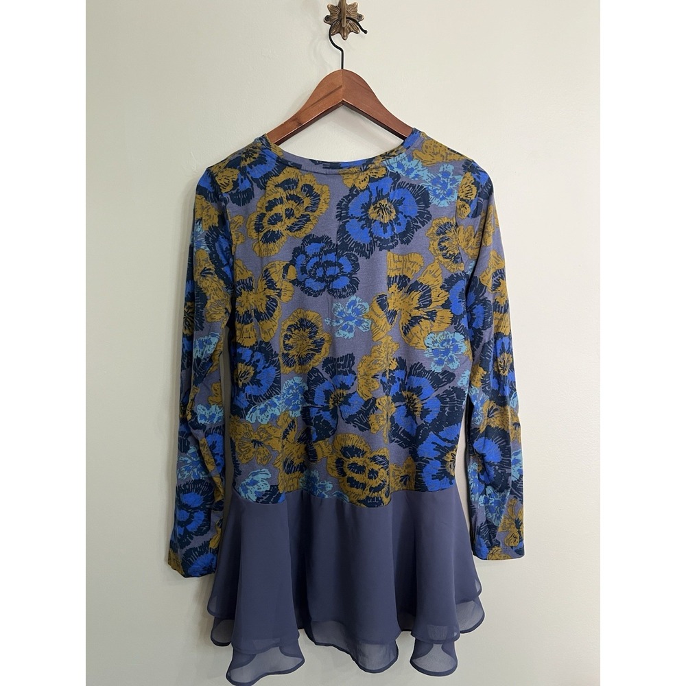 LOGO Lori Goldstein Floral Layered Hem Tunic Top Blue Mustard Artsy Boho Large - Picture 2 of 10